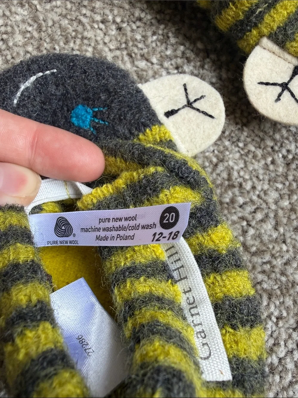 Garnet Hill Gray & Yellow Bumble Bee Wool Slipper Socks (12-18months)